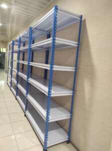 RAK BESI SIKU LUBANG GUDANG SLOTTED ANGLE TIPE STALLUM 100 | KAPASITAS 80 KG/ LEVEL, TINGGI 1500 CM S/D 2400 CM | WARNA CUSTOM | RAJA RAK SUPERMARKET