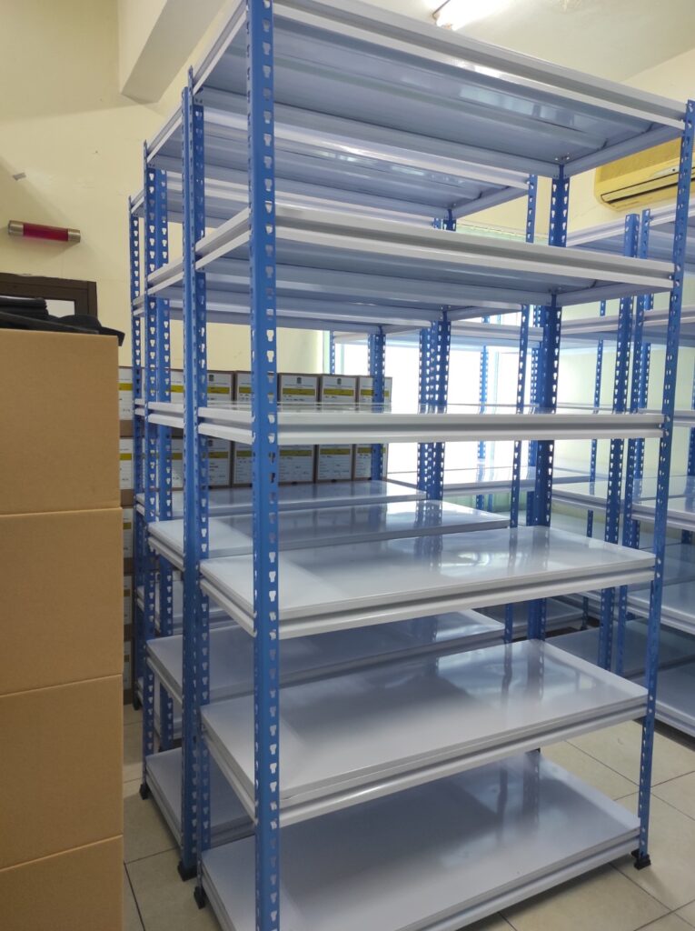 RAK BESI SIKU LUBANG GUDANG SLOTTED ANGLE TIPE STALLUM 100 | KAPASITAS 80 KG/ LEVEL, TINGGI 1500 CM S/D 2400 CM | RAJA RAK SUPERMARKET