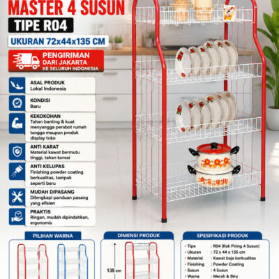 RAK PIRING MASTER 4 SUSUN TIPE R04 UKURAN 72x44x135 CM | RAJA RAK SUPERMARKET: Solusi rak piring yang kokoh, anti karat, dan praktis untuk dapur rumah, warung makan, hingga kebutuhan display di toko