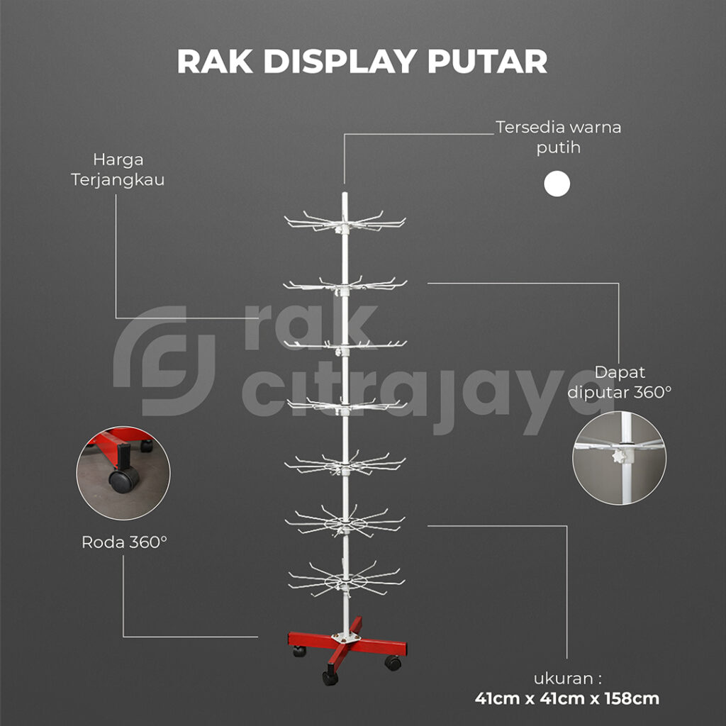 RAK DISPLAY PUTAR PRODUK AKSESORIS TIPE MATAHARI 7 SUSUN, WARNA MERAH & PUTIH, UKURAN 41×41×158 CM