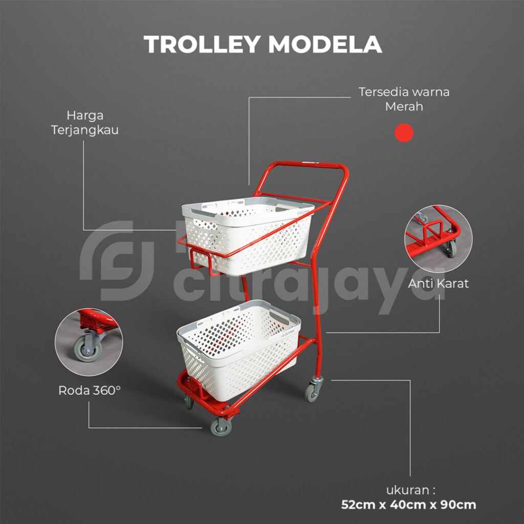 TROLLEY BELANJA BARANG SUPERMARKET TIPE MODELA, WARNA MERAH & PUTIH, UKURAN 52 x 40 x 90 CM