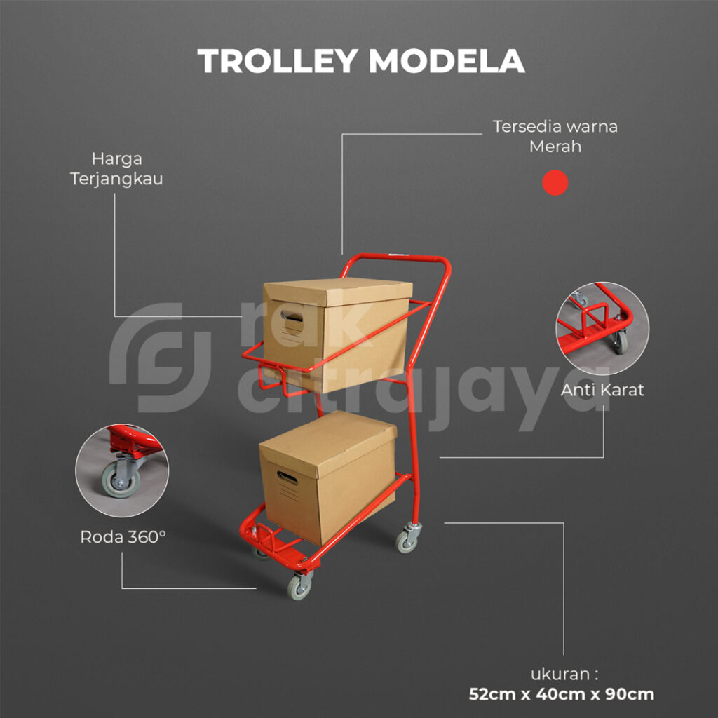 TROLLEY BELANJA BARANG SUPERMARKET TIPE MODELA, WARNA MERAH & PUTIH, UKURAN 52 x 40 x 90 CM