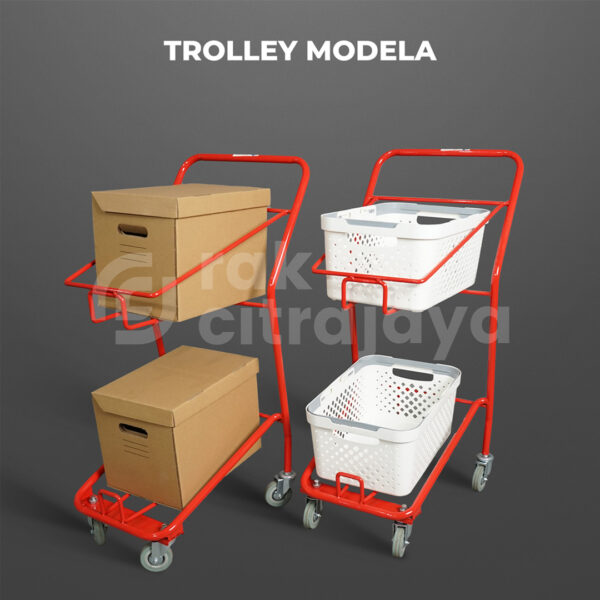 TROLLEY BELANJA BARANG SUPERMARKET TIPE MODELA, WARNA MERAH & PUTIH, UKURAN 52 x 40 x 90 CM