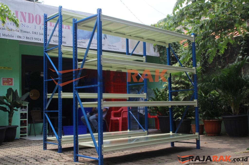 RAK BESI GUDANG MEDIUM DUTY SUSUN SERBAGUNA TIPE RR‑500 KAPASITAS 500KG/LEVEL SHELVING X 4 SHELVING ATAU 2 TON/UNIT | UKURAN PxL (200x60 CM) x Tinggi (200,250,300 CM) | RAJA RAK SUPERMARKET | KIRIM KE SELURUH INDONESIA