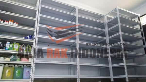 RAK BESI SIKU LUBANG BOLTLESS SLOTTED ANGLE TIPE GTM-100 UKURAN 118x55x240 CM, 5 SUSUN SHELVING, WARNA PUTIH | RAJA RAK SUPERMARKET