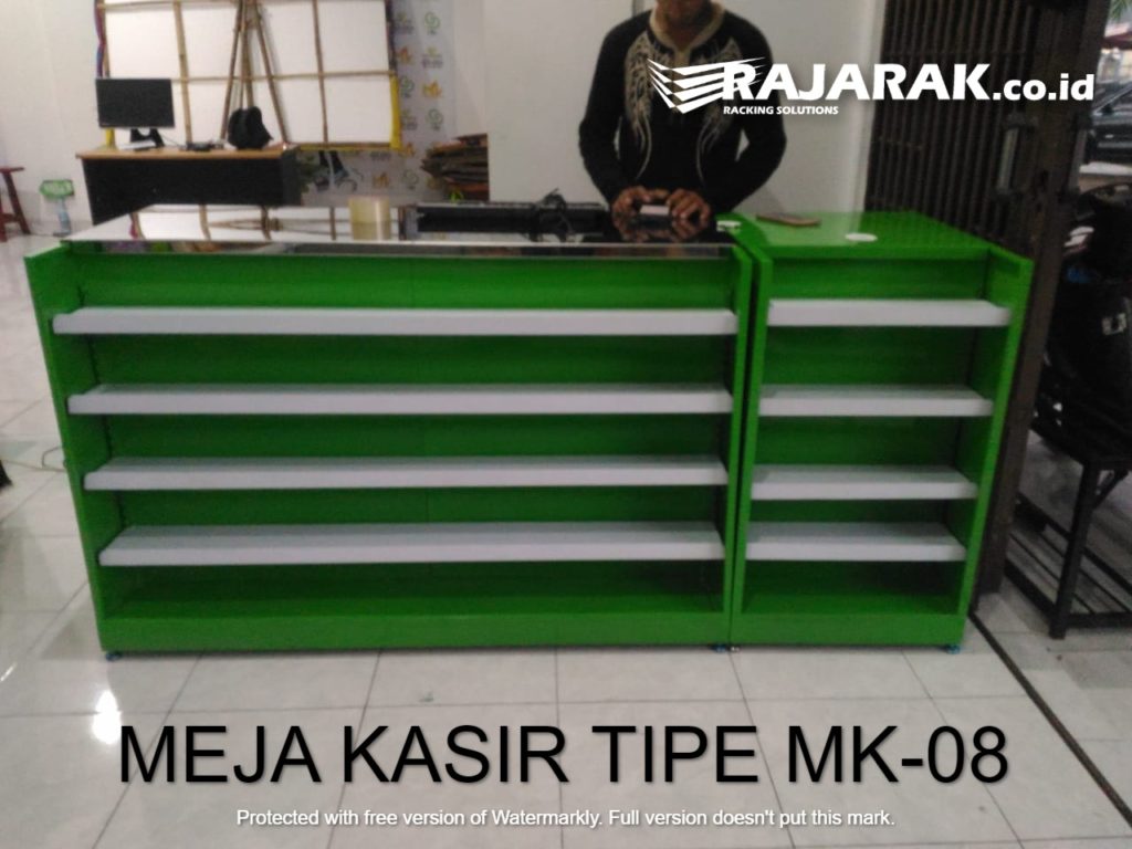 Meja Kasir Toko Sembako Plus Shelving Depan Tipe MK-08: Meja Kasir Modern & Fungsional untuk Supermarket, Minimarket, dan Toko Retail Masa Kini