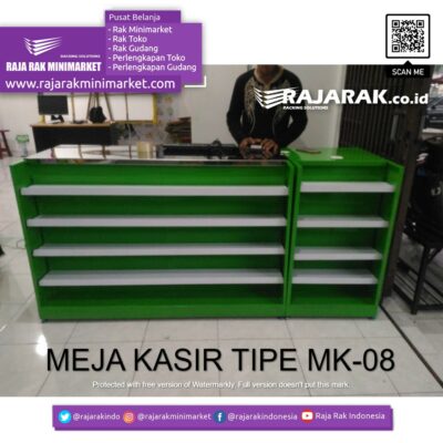 Meja Kasir Toko Sembako Plus Shelving Depan Tipe MK-08: Meja Kasir Modern & Fungsional untuk Supermarket, Minimarket, dan Toko Retail Masa Kini