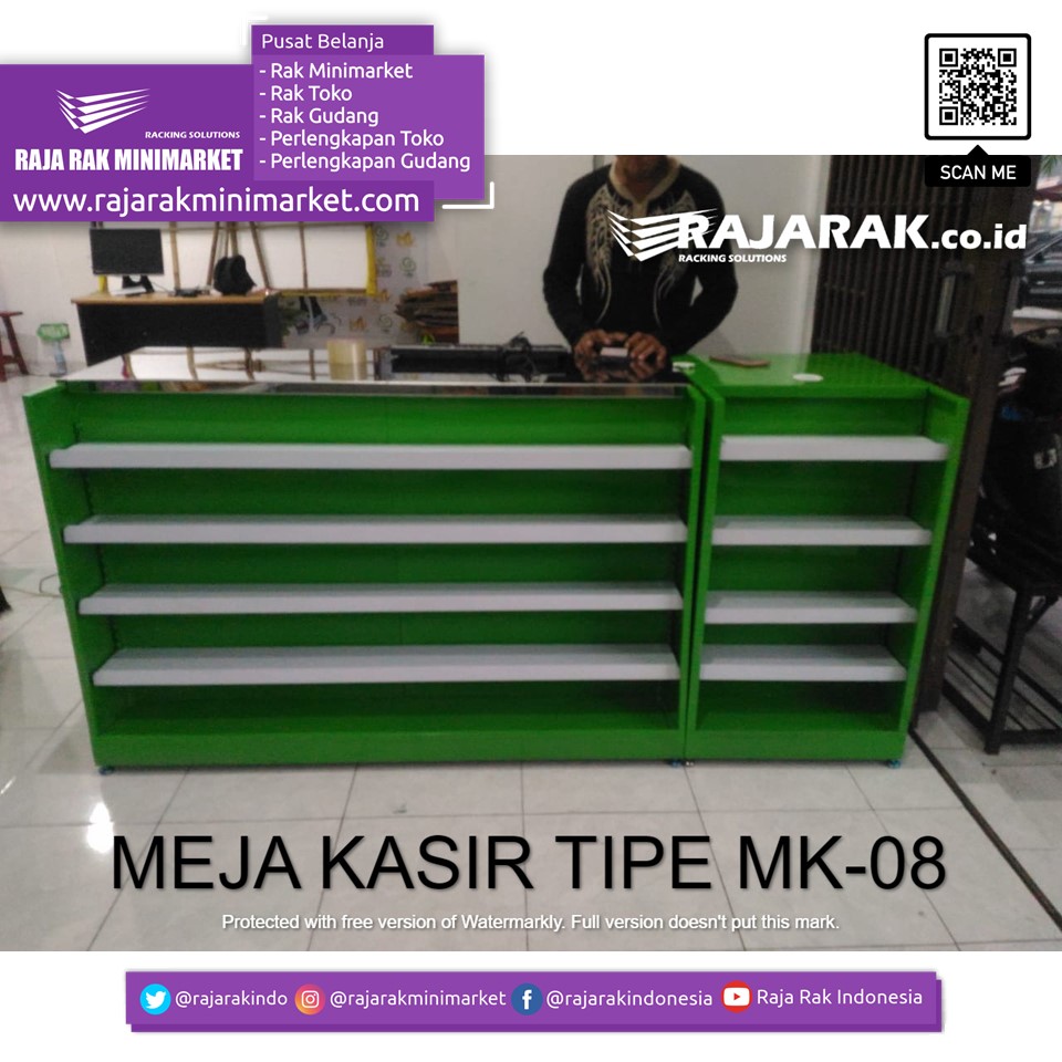 Meja Kasir Toko Sembako Plus Shelving Depan Tipe MK-08: Meja Kasir Modern & Fungsional untuk Supermarket, Minimarket, dan Toko Retail Masa Kini