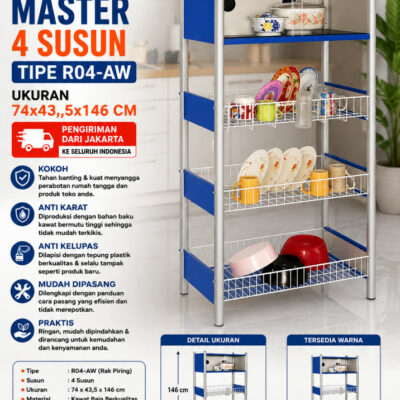 RAK PIRING MASTER 4 SUSUN TIPE R04-AW UKURAN 74×43,5×146 CM | RAJA RAK SUPERMARKET
