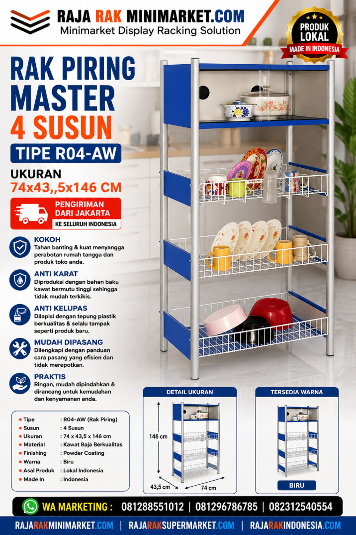 RAK PIRING MASTER 4 SUSUN TIPE R04-AW UKURAN 74×43,5×146 CM | RAJA RAK SUPERMARKET